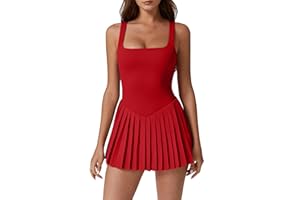QINSEN Womens Square Neck Tennis Dress Pleated Sleeveless Built in Shorts Golf Athletic Dress with Pockets