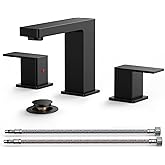 QFN Lead-Free 8" Black Bathroom Faucets for Sink Square, 2 Handle 8 Inch Widespread Bathroom Faucet 3 Hole Matte Black for 6"-12" Vanity Sink Remodel with Metal Pop Up Drain and 24" cUPC Supply Hoses