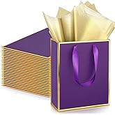 Yeaqee 24 Pack Metallic Paper Gift Bags with Handle and Tissue 9x7x3.1 Gold Foil Welcome Thank You Favor Bags Return Gifts for Wedding St. Patrick's 5 Senses Bridesmaid Birthday(Purple Gold)