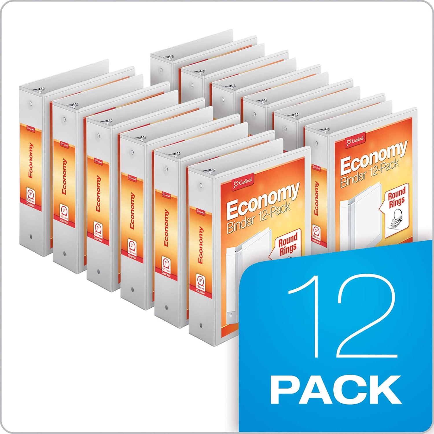 Cardinal Economy 3-Ring Binders, 3", Round Rings, Holds 625 Sheets, ClearVue Presentation View, Non-Stick, White, Carton of 12 (90651) : View Binders : Office Products