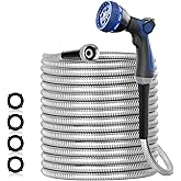 SPECILITE 50ft 304 Stainless Steel Garden Hose Metal, Heavy Duty Water Pipe with Nozzles for Yard, Outdoor - Flexible, Never Kink & Tangle, Puncture Resistant (Sliver)