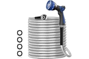 SPECILITE 50ft 304 Stainless Steel Garden Hose Metal, Heavy Duty Water Pipe with Nozzles for Yard, Outdoor - Flexible, Never Kink & Tangle, Puncture Resistant (Sliver)