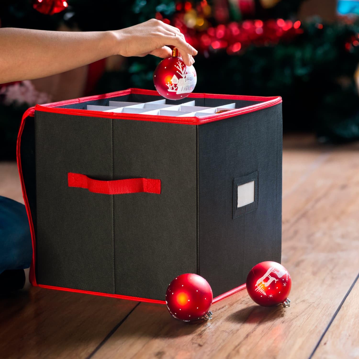CKB LTD Red and Black Christmas Bauble Storage Box V2 Cube With Compartments Stores up to 64 Baubles, Xmas Ornaments and Loft Decorations Container 33 x 33 cm
