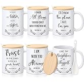 Maxdot 6 Sets Christian Mugs for Women Bulk Inspirational Religious Gifts Bible Verse Coffee Mug 12oz Ceramic Cup Lid Handle Spoon Spiritual Gift Sunday School Christian Party Favor(English)