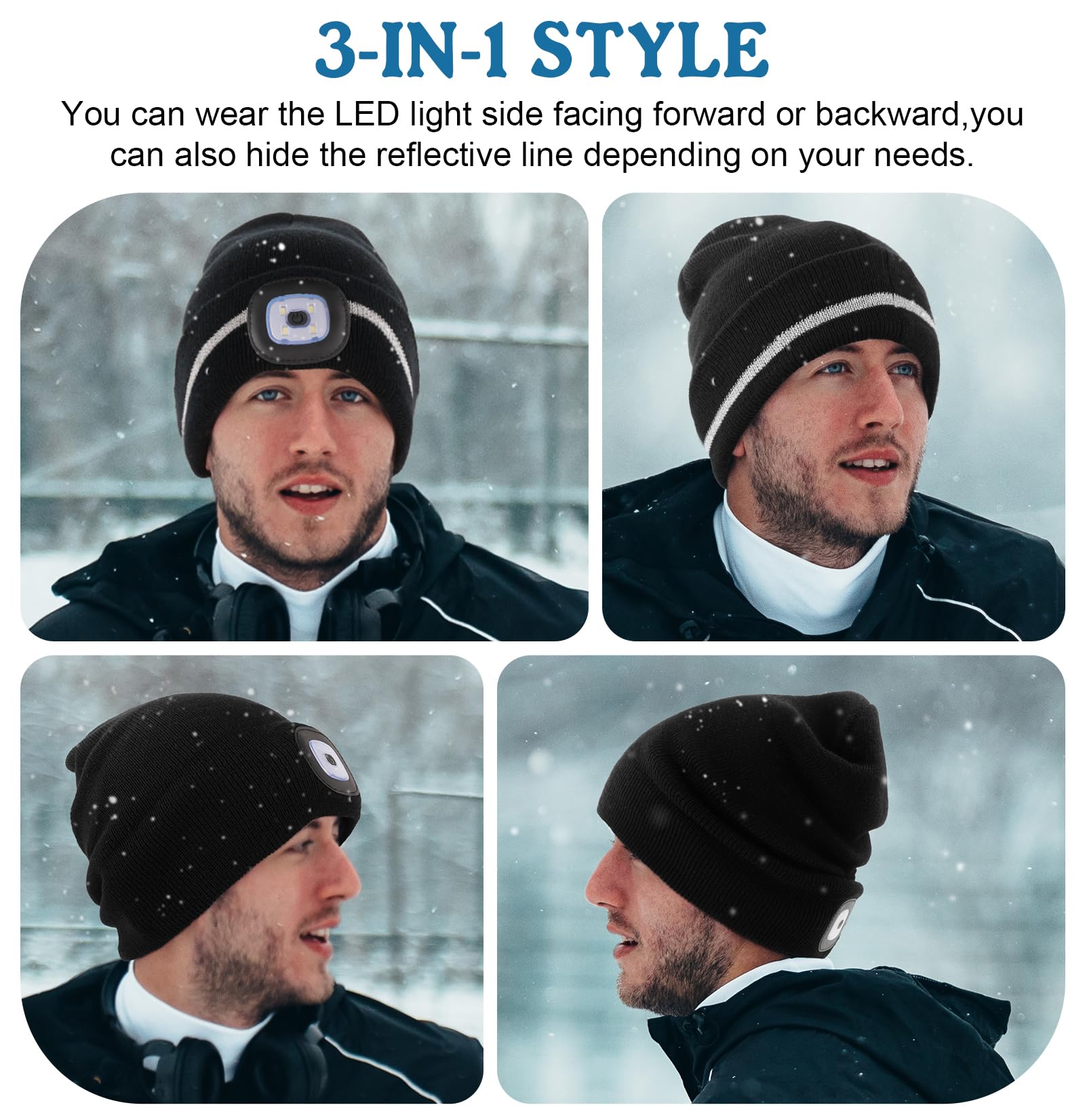 MELASA Reflective Stripe LED Beanie Safety High Visibility Winter Hat with Light for Outdoor Work Sports Gifts for Men Dad