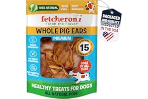 FETCHERONI Whole Pig Ears for Dogs Large - 15 Pack Long Lasting Dog Chews – Dog Treats One Ingredient Delicious All Natural Flavor – Easy to Digest Dog Treats for Large Dog - Great for Teeth and Gums