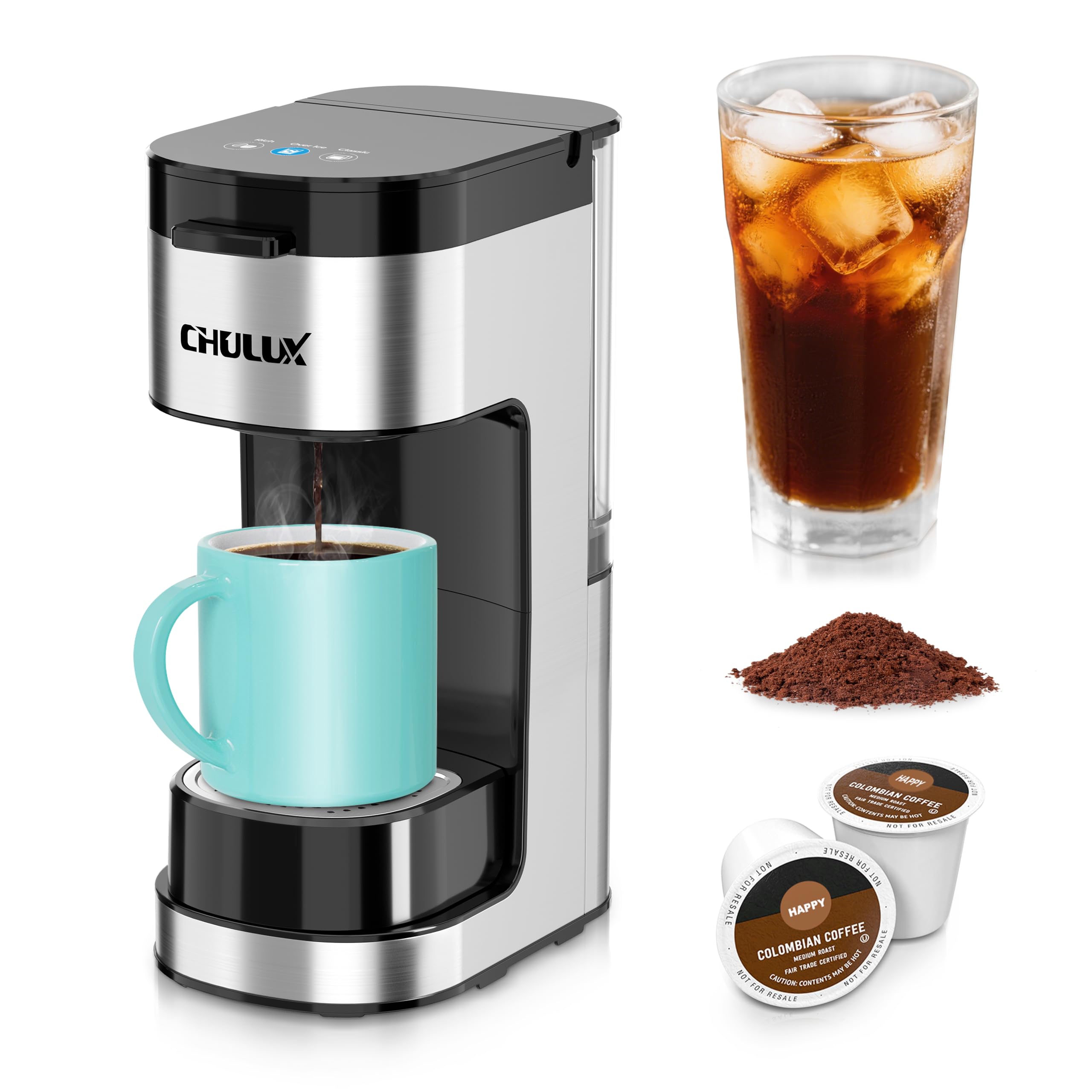 Photo 1 of CHULUX Upgrade Single Serve Coffee Maker Machine for K Cup and Grounds with 2 Mins Brew One Cup, 3 Brew Choices, Removable 14oz Reservoir & Drip Tray