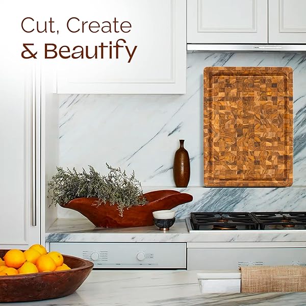 YES4ALL MEDIUM END GRAIN TEAK CUTTING BOARD FOR KITCHEN, 17”L X 13”W X 1.5” THICK, DURABLE WOOD WITH JUICE GROOVES, PRE-OILED, EASY GRIP HANDLES, ESSENTIAL KITCHEN UTENSILS SET