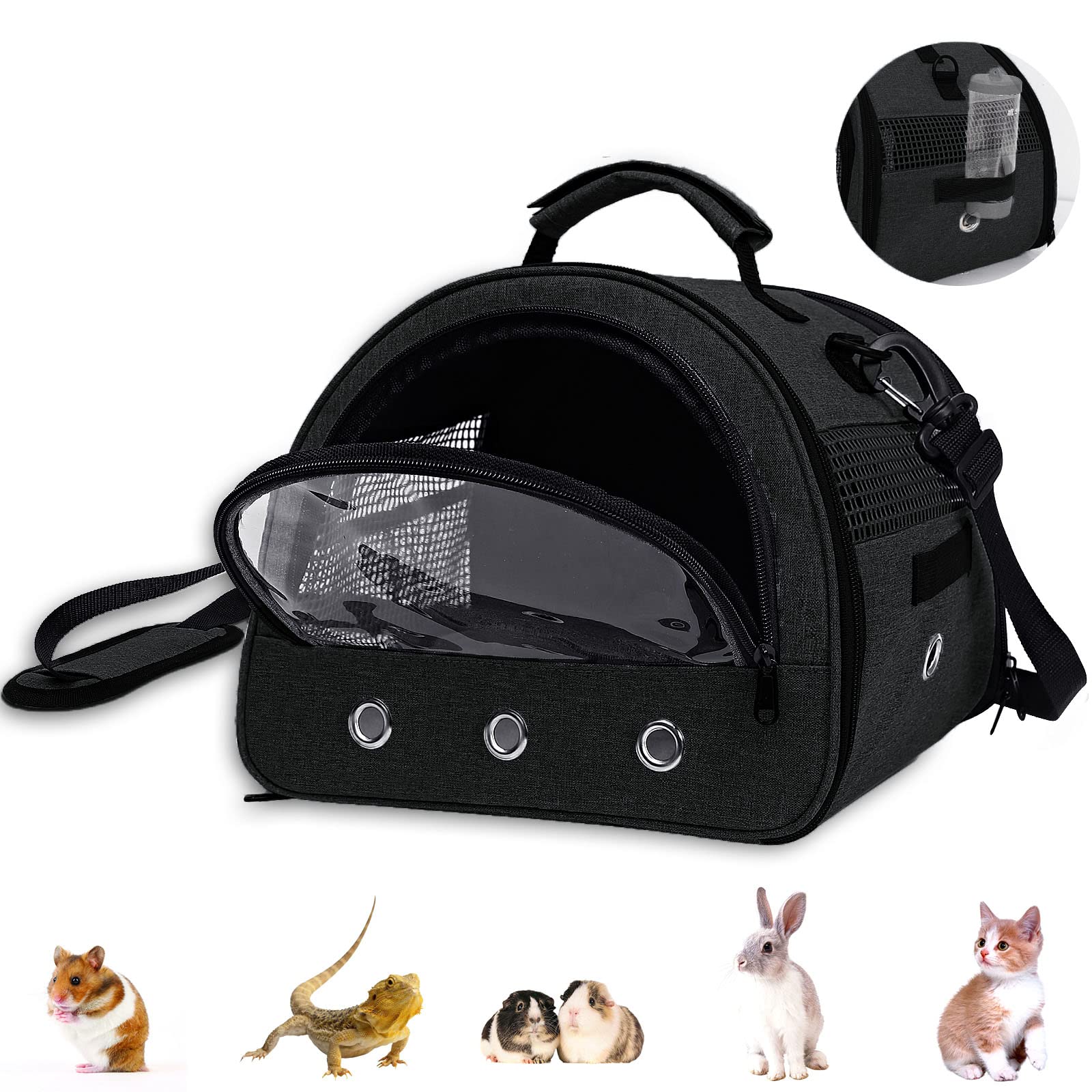 Kelivi Small Pet Carrier Bag,Guinea Pig Carrier with Water Bottles Hole,Removable Liner Rabbit Carrier,Portable Double Doors Outdoor Small Animal Carrier,Hamster,Bunny,Bearded Dragon (Black)