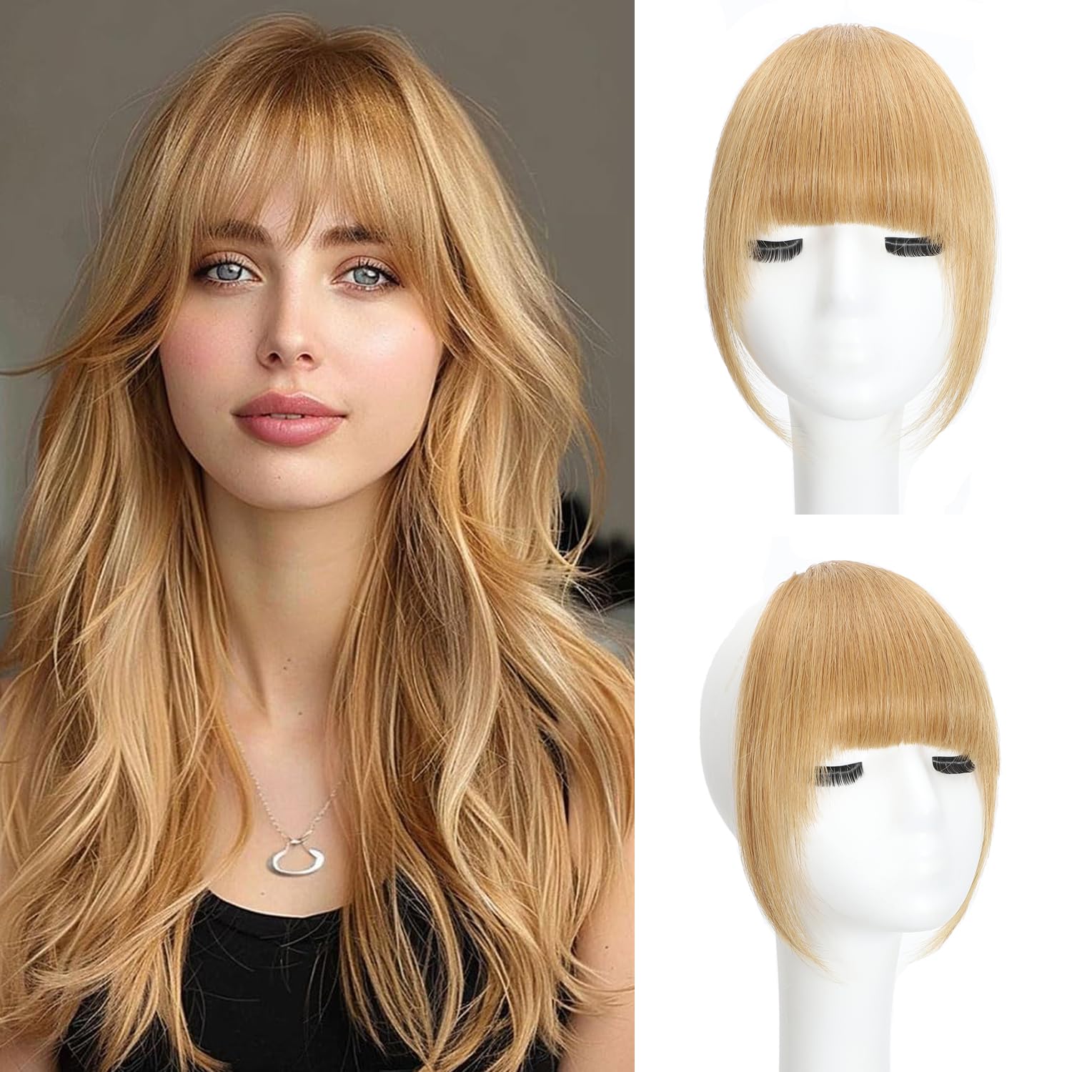Clip In Fringe 100% Real Human Hair Bangs Hair Clip Thin Bangs On Hairpiece On Air Bangs With Temple Wispy Bangs Hair Extensions for women (Ash Blonde, French Fringe) — image 1