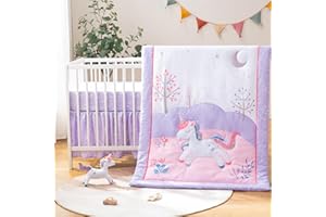 TCOYIWL 4-Piece Crib Bedding Set for Baby Boys Girls, Infant Toddler Nursery Baby Bedding Sets Includes Cartoon Quilt, Fitted Crib Sheet, Crib Skirt and Plush Unicorn Toy