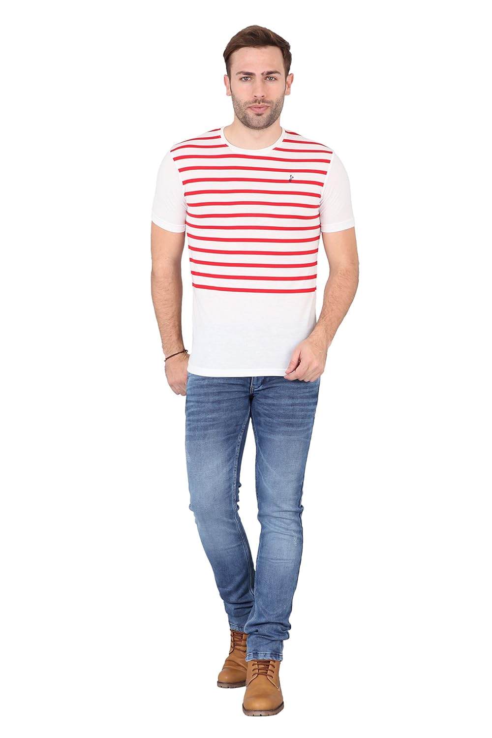 sky water men's white and red stripes round neck half sleeves t-shirt
