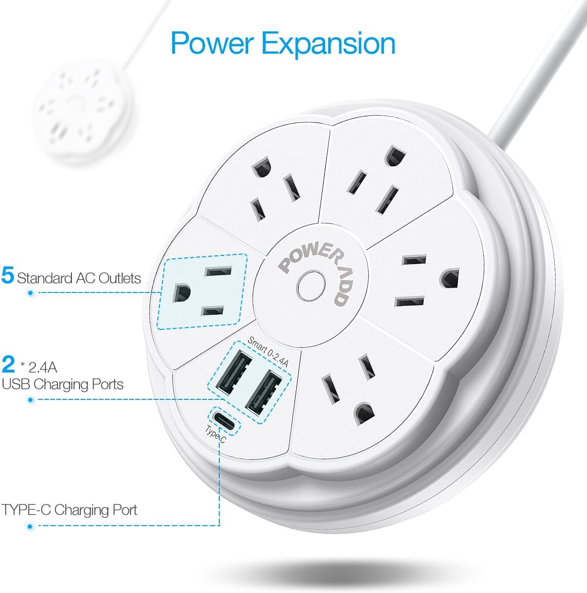 POWERADD Travel Power Strip 5 Outlet Surge Protector with Retractable Cord Smart USB Ports and Type-C Port, 125V/13A, 3.3ft Extension Cord, Portable & Neat for Travel/Home /Office: Home Improvement