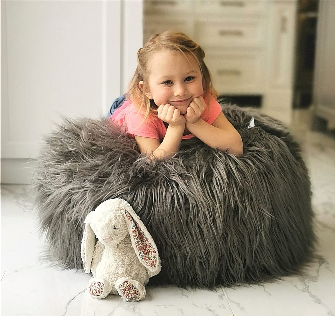 Sell out - MiniOwls Plush Toy Storage Solution (unfilled) - Grey Furry Bean Bag - Soft Teddy Organizer with a Zipper. Jumbo Size Pouf 24x24x15 Contemporary Accent Ottoman (Grey, X-Large)