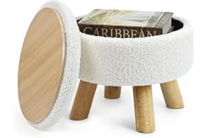 OGEMXU Ottoman Foot Rest, Small Round Ottoman with Storage, Boucle Teddy Velvet Footstool with Wood Legs, Soft Sponge Storage Ottoman for Living Room, Bedroom, Couch, Enterway (Cream)