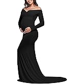 JustVH Maternity Elegant Fitted Maternity Gown Long Sleeve Cross-Front V Neck Slim Fit Maxi Photography Dress for Photoshoot
