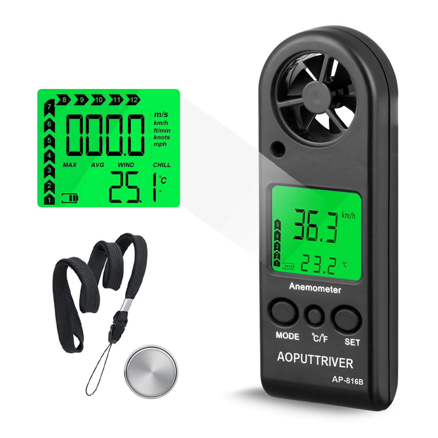 AOPUTTRIVER Anemometer Handheld Wind Speed Meter, AP-816B Anemometer for Measuring Wind Speed, Temperature and Max/Average, Mini Anemoeters for Windsurfing Sailing Outdoor Activities