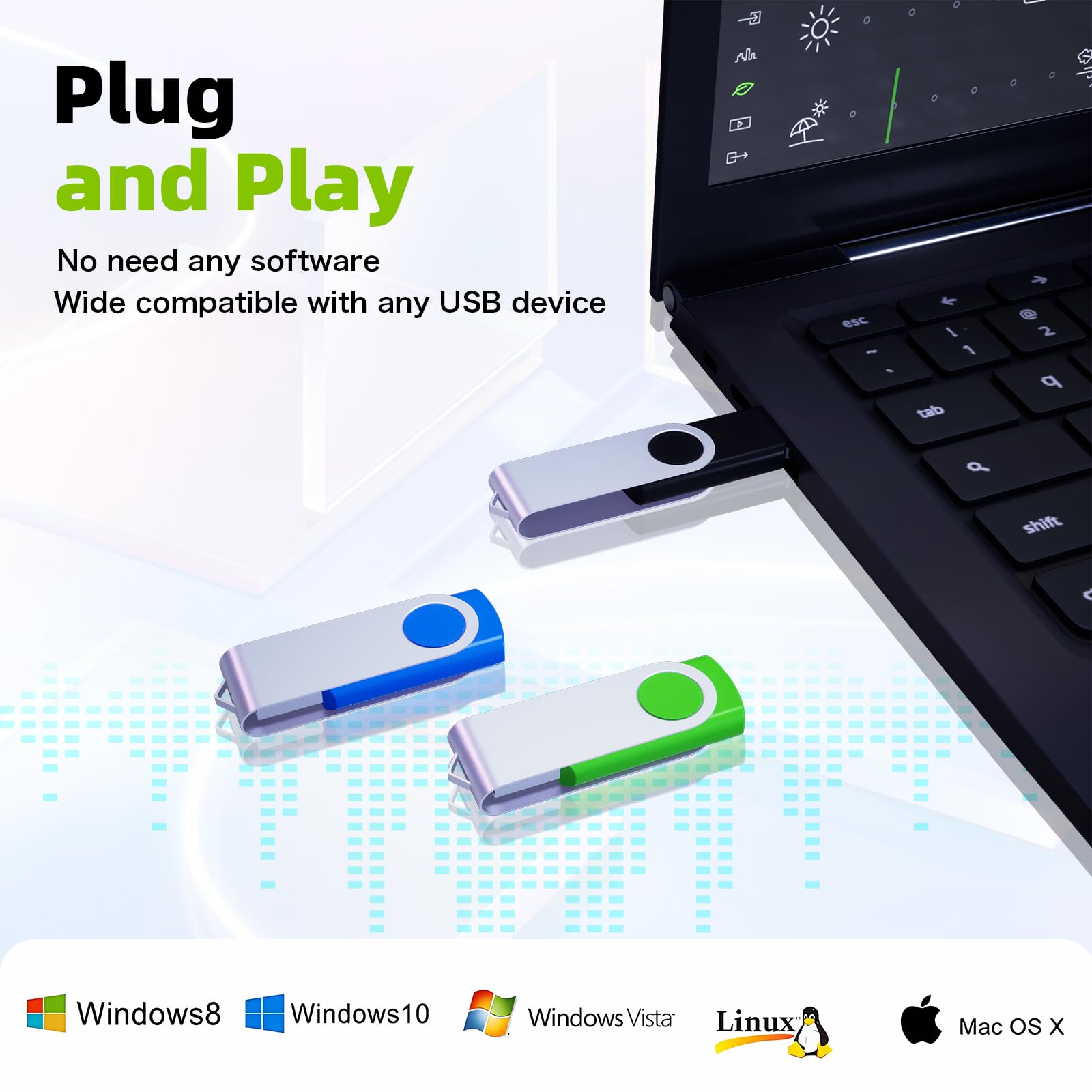 64GB Flash Drive 10 Pack, Wooolken USB 2.0 Thumb Drive Bulk Pen Drive Metal Swivel Memory Stick 64GB 10 Colors Multipack Value Zip USB Drives with Lanyard