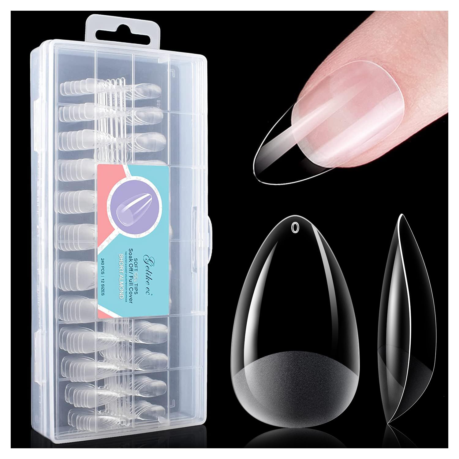 Gelike Gel Nail Tips Kit (240PCS) - Clear, Pre-Buff, Soft Gel, Full Cover, Break Resistant, Almond Shape - Soak Off Nail Extensions