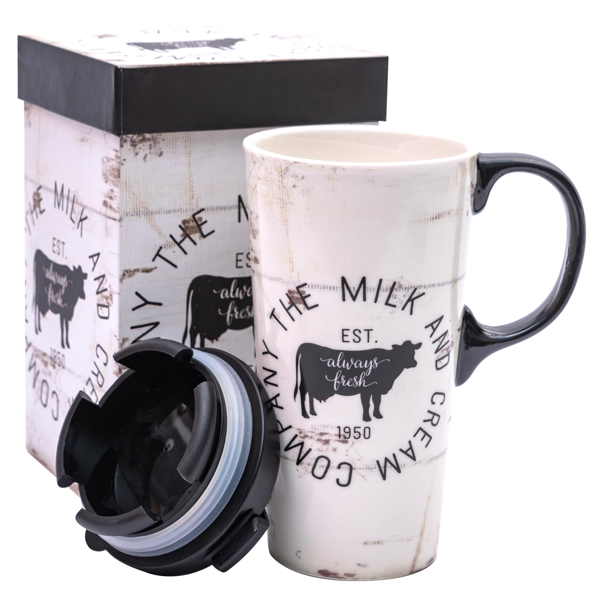 DUSVALLY Ceramic Mug Coffee Mug with Lid and Handle Porcelain Cup with Color Box,17oz.Cow