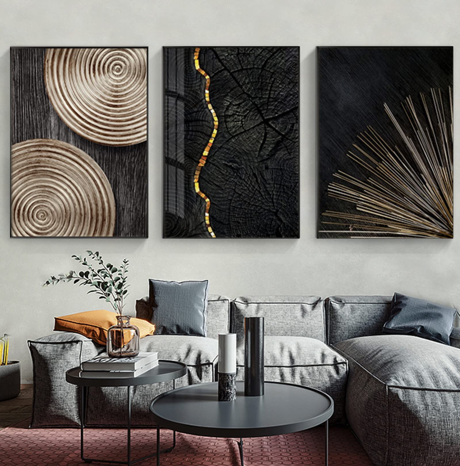 HEHGVCF 3 x Modern Abstract Living Room Canvas Pictures Poster Pictures 50 x 70 cm, Black Gold Year Rings Picture Set, Canvas Pictures, Wall Art, Without Frame (A+B + C, 40 x 60 cm)