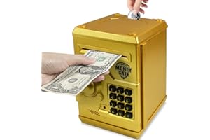 Cargooy Mini ATM Piggy Bank ATM Machine Best Gift for Kids,Electronic Code Piggy Bank Money Counter Safe Box Coin Bank for Boys Girls Password Lock Case (Gold)