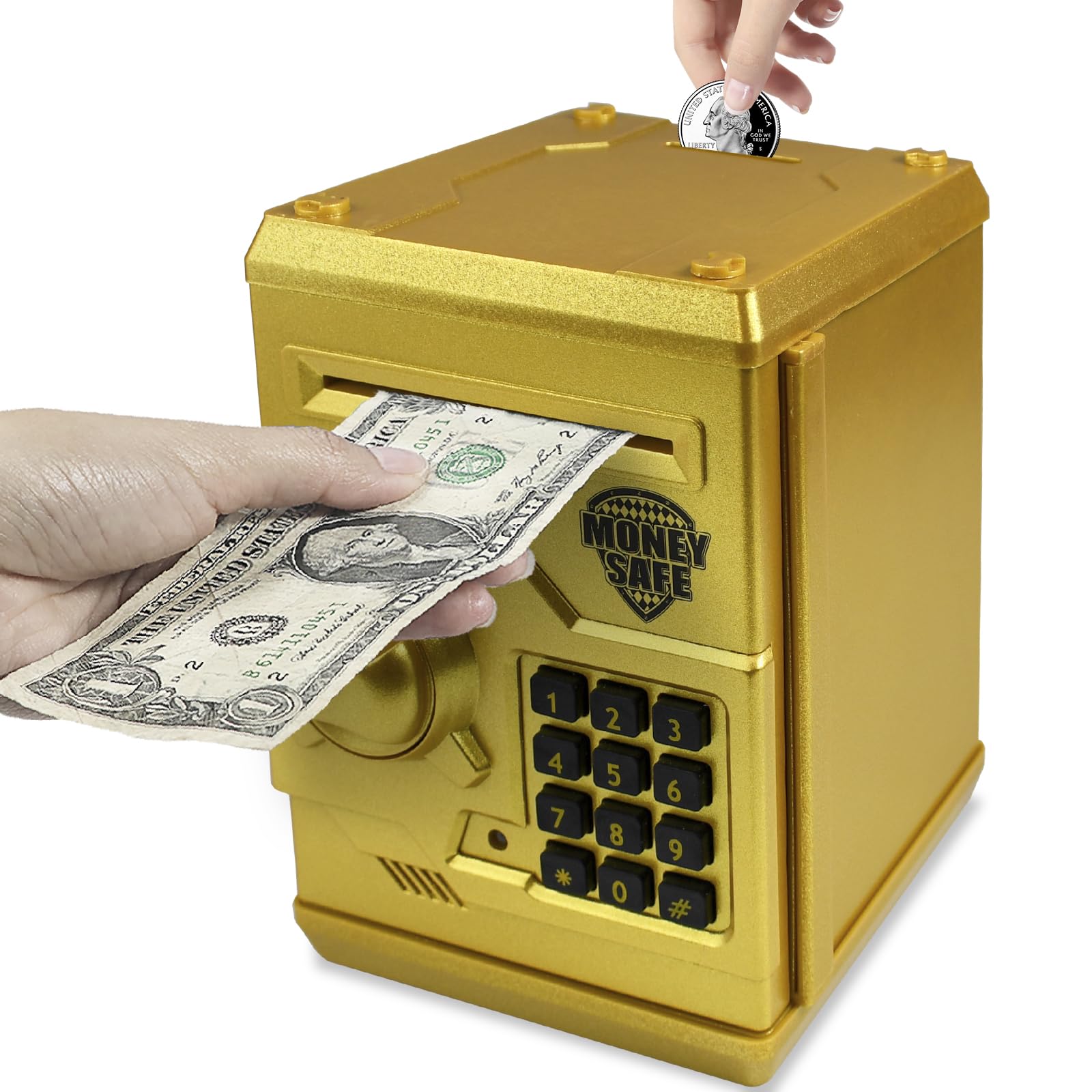 Photo 1 of Cargooy Mini ATM Piggy Bank ATM Machine Best Gift for Kids,Electronic Code Piggy Bank Money Counter Safe Box Coin Bank for Boys Girls Password Lock Case (Gold)