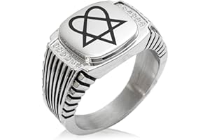 Tioneer Stainless Steel Heartagram Symbol CZ Ribbed Needle Stripe Pattern Biker Style Polished Ring