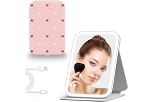 Mocado Travel Makeup Mirror with Lights, 360 Rotation, 10x Magnification, 60LEDs 3 Color Lightings, Dimmable Touch Screen, Tabletop Heart Mirror