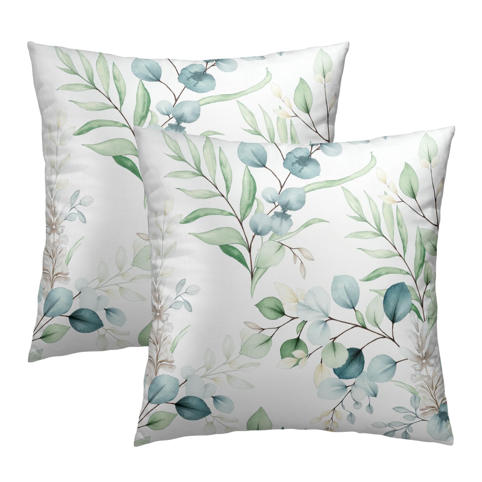 Spring Sage Green Leaf Pillow Covers 18x18 Set of 2, Eucalyptus Floral Watercolor Pillow Cushion Cases, Gray Seafoam Leaves Print Modern Throw Pillows Cover Decor Gifts for Bed Couch Sofa Living Room