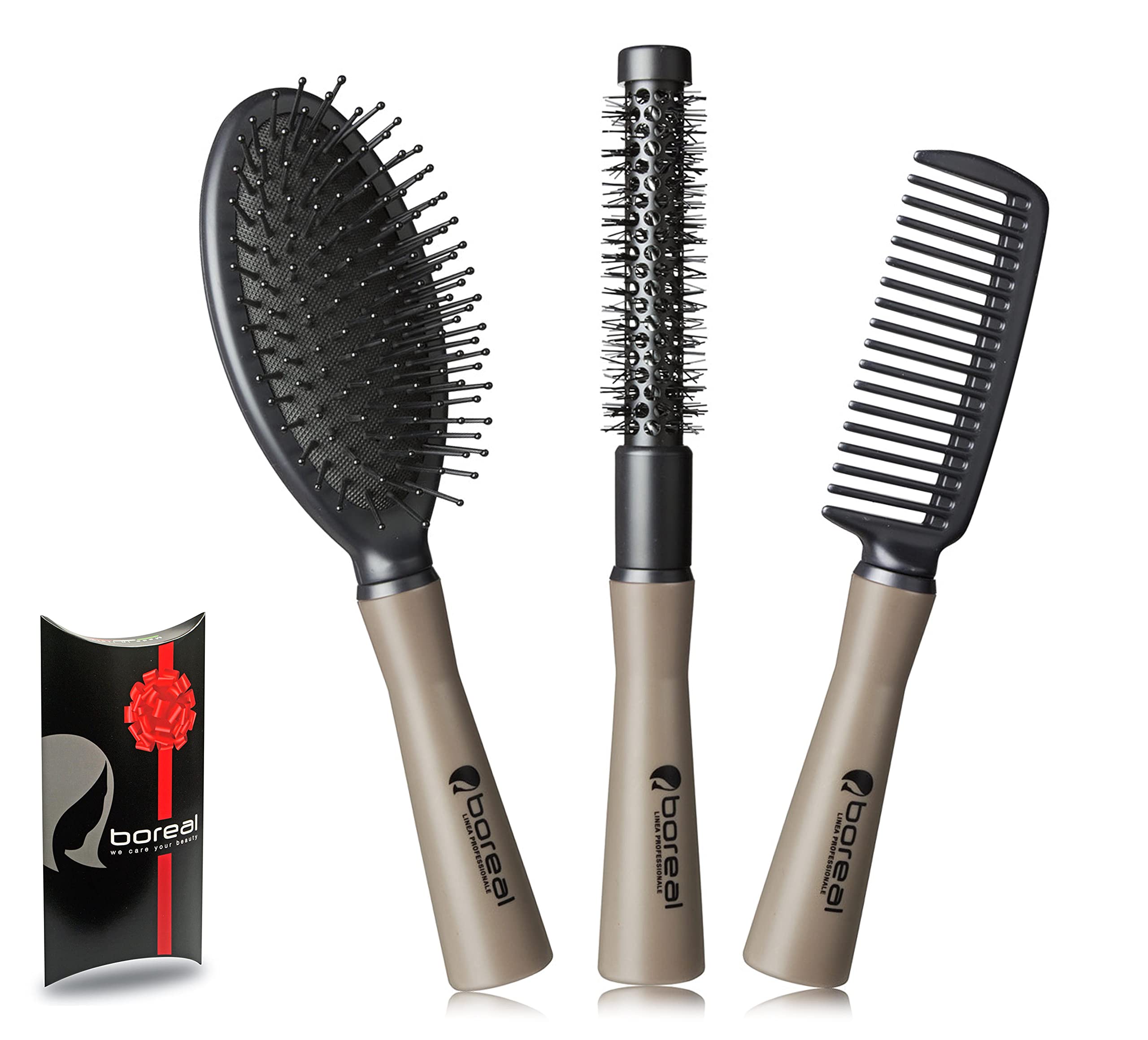 Professional hHairbrushes Set: Oval Cushion Brush, Thermal Roller, Comb. Made in Italy. Good Idea for Woman. Dry Wet Smooth Curly Hair.