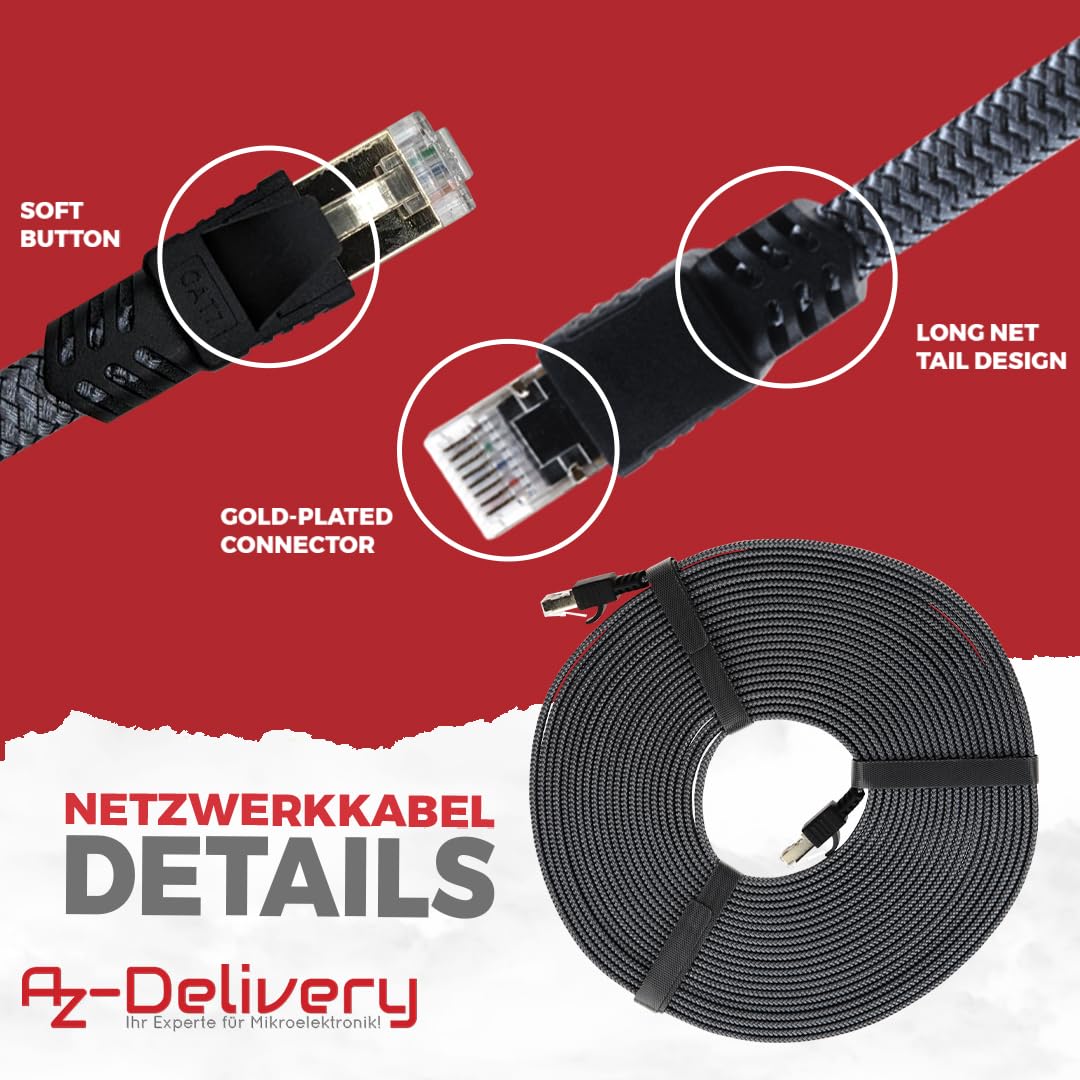 AZDelivery 3 x 10m CAT7 Netzwerkkabel - Grau/Silber, Gigabit Ethernet LAN Kabel - 10000 Mbit/s - Highspeed Patchkabel Cat.7 Rohkabel S/FTP PIMF Schirmung mit vergoldetem RJ45 Stecker für Router 3