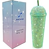XMYAINA 24oz Bling Cup Handmade Rhinestones Studded Tumbler Double Wall Insulated Plastic Reusable Water Bottle with Lid and Straws for Home Office Party Beach(Light Green)