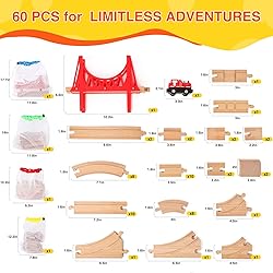WudBudz Wooden Train Tracks 60 Piece Set, Track