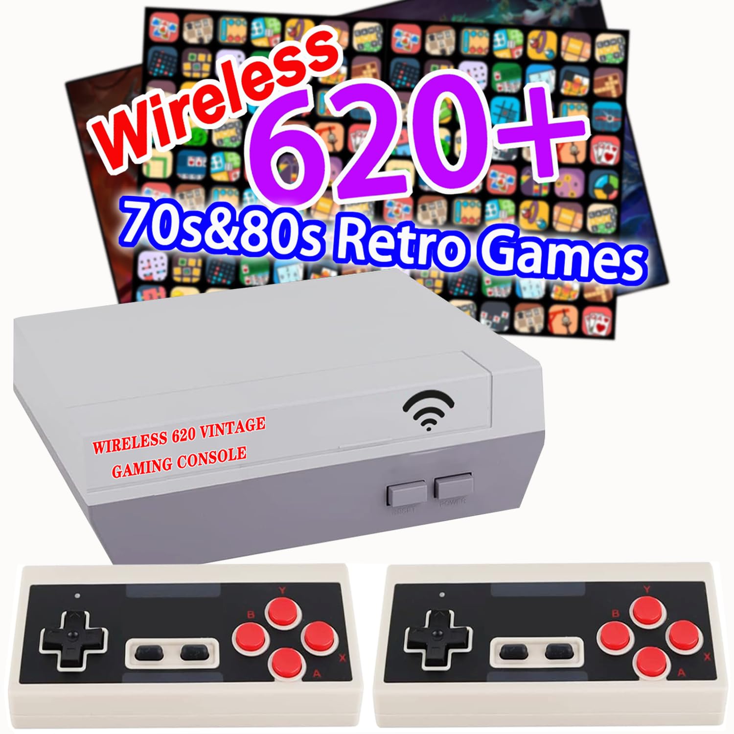 Wireless Retro Game Console, 2026 Upgrade Classic Retro Gaming Console with Built-in 620 Classic Games and 2 Wireless Controllers,AV Output Nostalgia 8-Bit Video Games Console for Birthday
