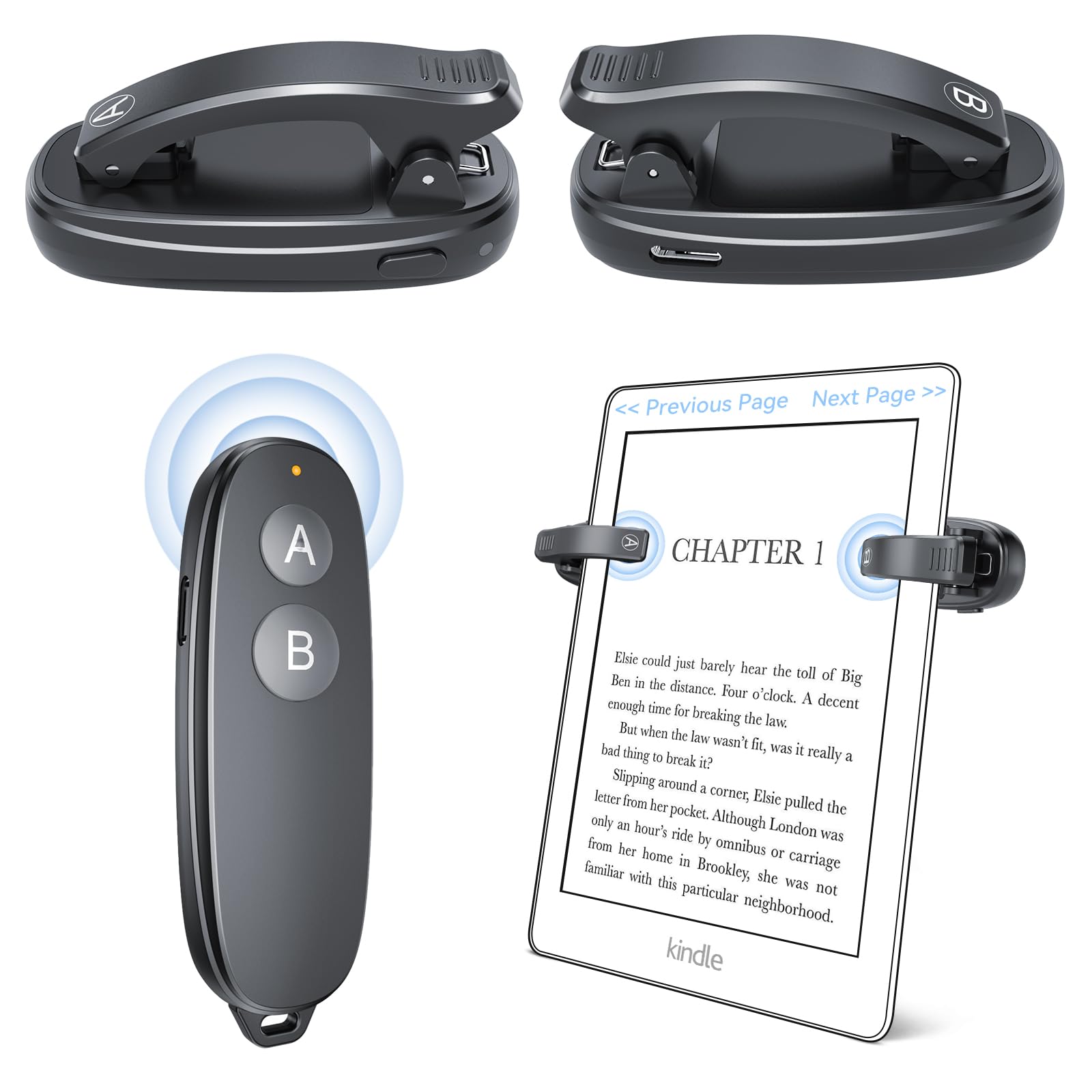 [2 Clips] UBUYUONE RF Remote Control Page Turner for Kindle Paperwhite: Page Turner Button Clicker for Kindle Oasis Kobo eReaders iPad Android Tablets Reading Novels, Kindle Reading Accessories
