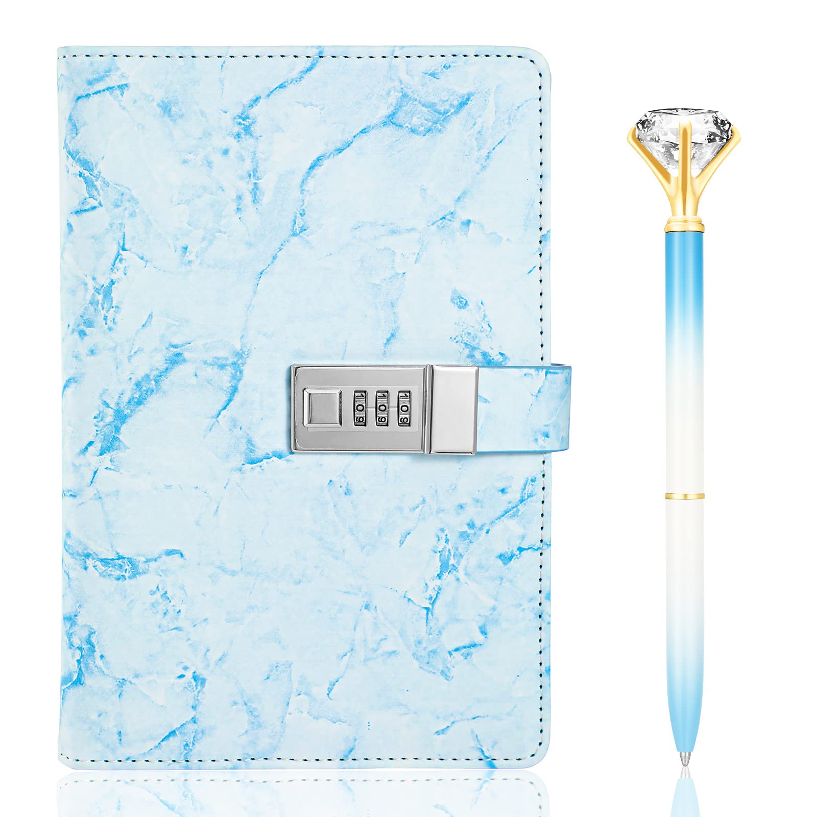 Photo 1 of Zonon Diary with Lock for Girls Marble PU Leather A5 Journal Combination with Diamond Pen Back to School Gifts Lock Diary Planner Organizer for Men and Women(Blue)