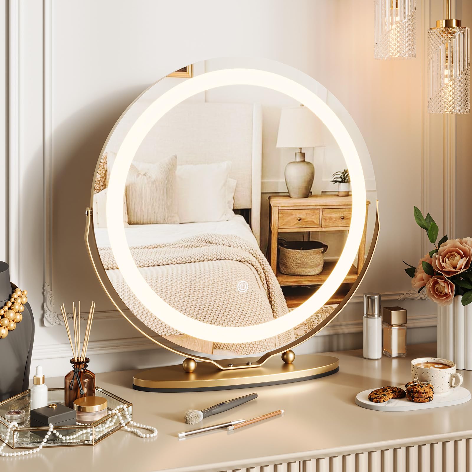 Photo 1 of (led light not working) 19" Round Vanity Mirror With Lights, Large Makeup Mirror With 3 Color Lighting Dimmable, Smart Touch Control, 360°Rotation
