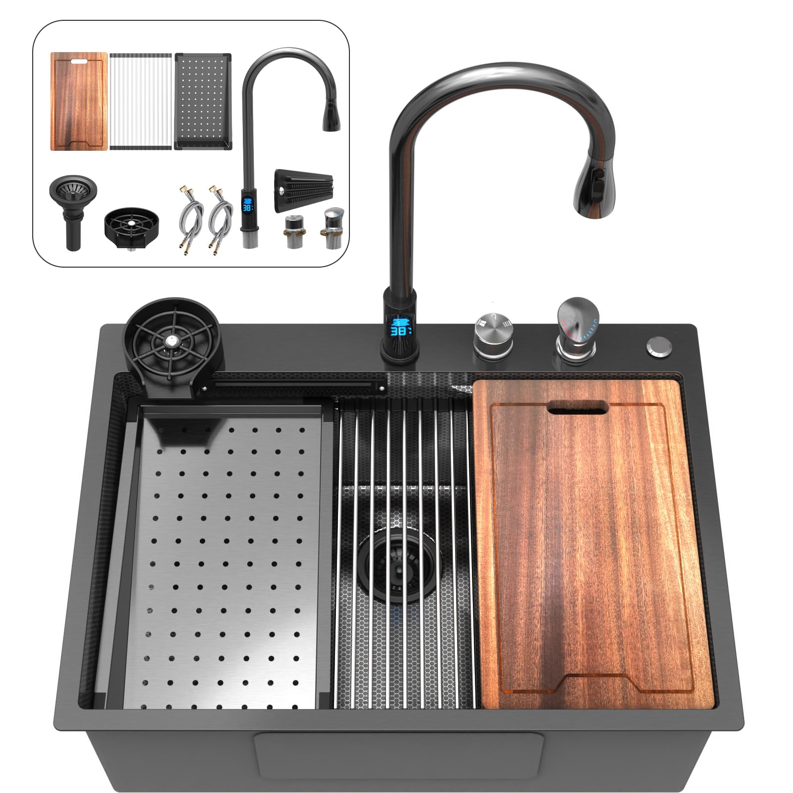 Photo 1 of 30inch Waterfall Kitchen Sink Drop In Metal Black -Feibus 30x22x10 with Faucet Combo Double Step Workstation 16 Gauge Multifunctional Stainless Steel Single Bowl