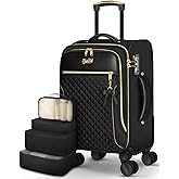 Carry On Luggage 22x14x9 Airline Approved, 20 Inch Softside Suitcase with 4 Pcs, Lightweight Luggage for Women with TSA Lock and 4 Spinner Wheels, Soft Side Carry-on Suitcases for Travel, Black