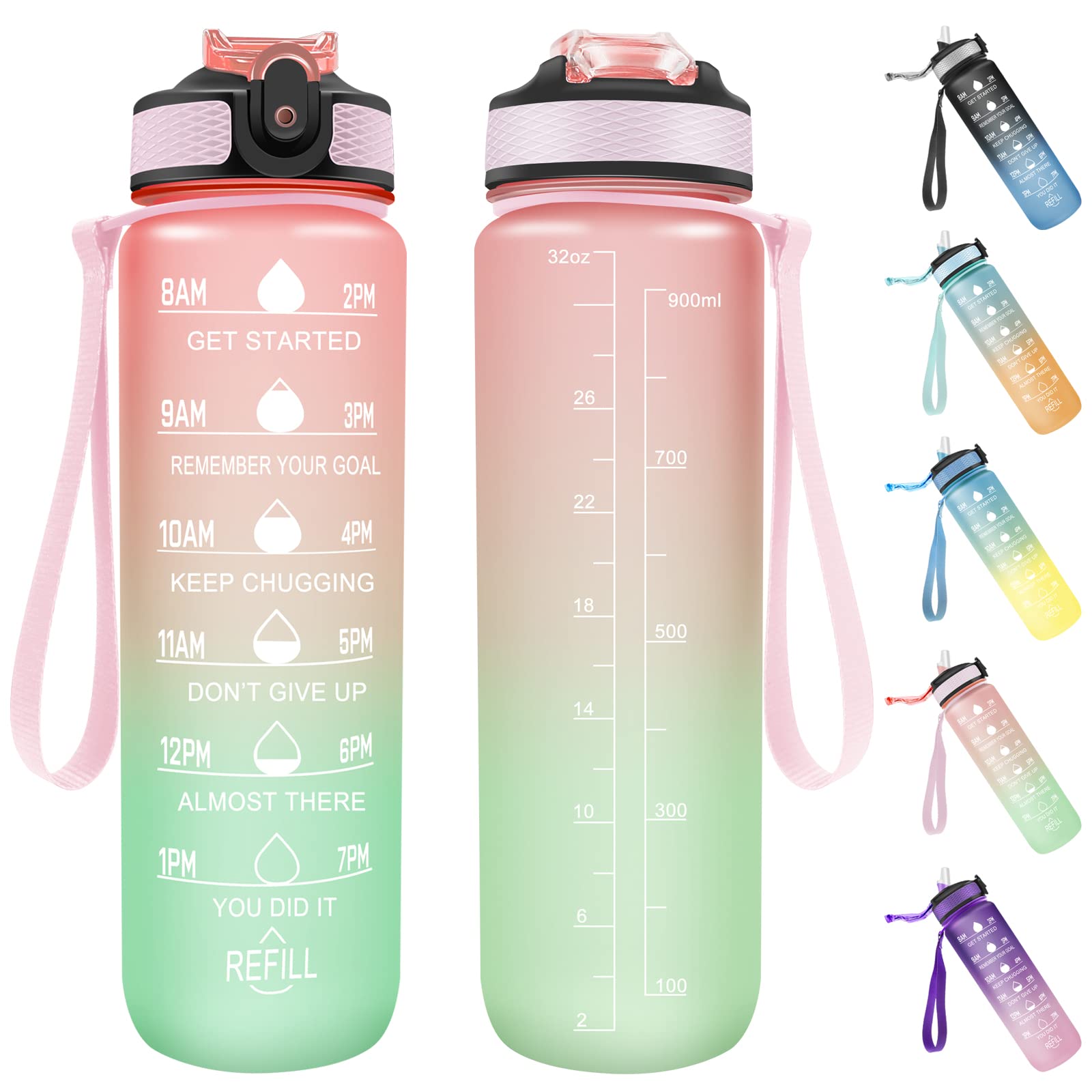 Invool Sports Water Bottle, 1 Litre Water Bottle with Straw & Time Markings, BPA Free, Leakproof & Secure Locking Lid, Tritan Plastic Drink Bottle for School/Cycling/Camping/Running