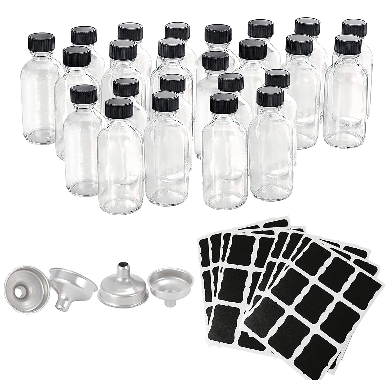 Photo 1 of Z-synka 20PCS 2oz Glass Bottles with Caps,Small Glass Jars,Wellness Shot Container,Liquid Sample Bottles 60ml with Funnels,Labels,for Bourbon Whiskey,Essential Oils,Juice,NO Leakag