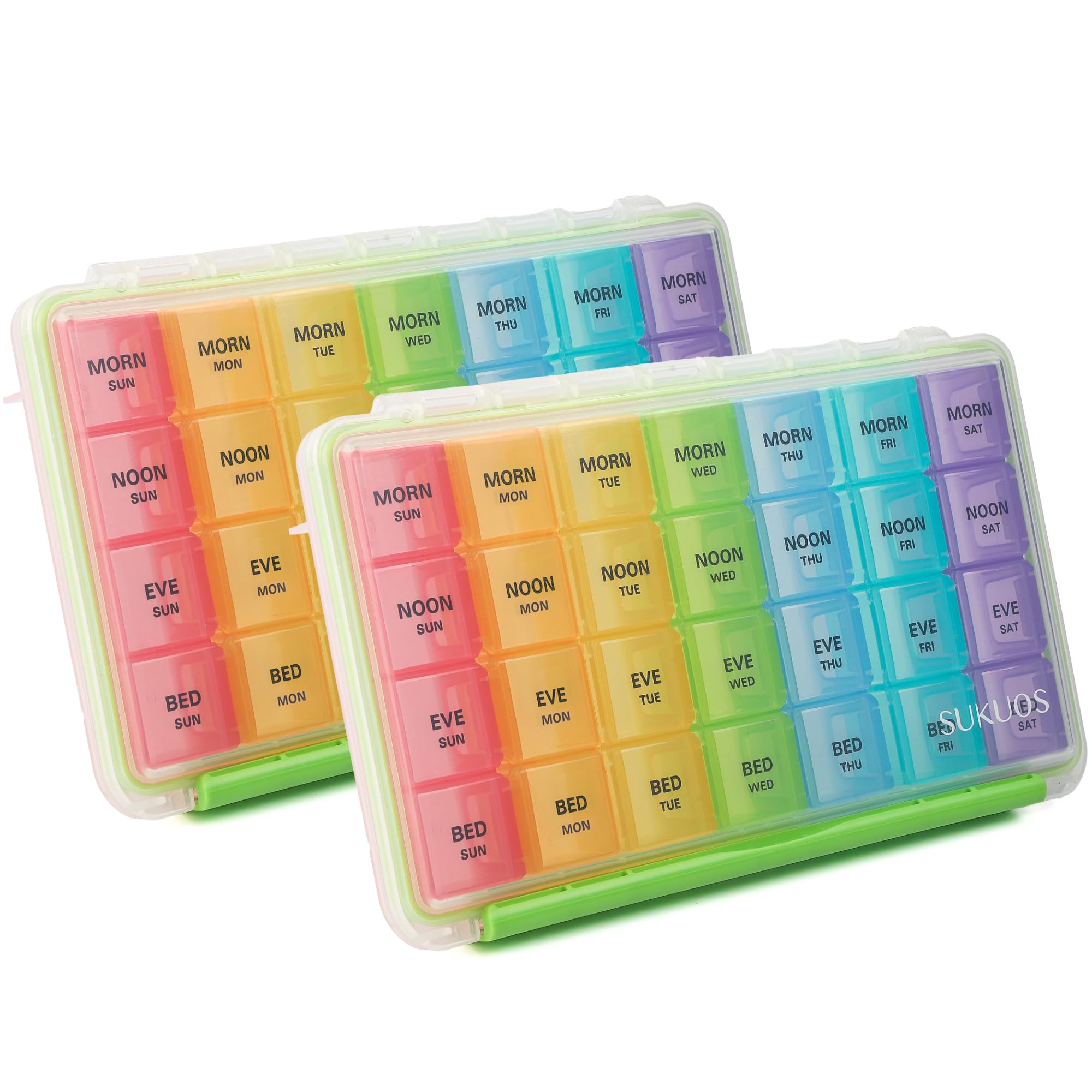 Photo 1 of Sukuos Weekly Pill Organizer 7 Day 4 Times a Day 2 Pcs, Easy to Open Large Daily Pill Box, Moisture-Resistant Medicine Cases for Medication/Vitamin/Fish Oil/Supplements (Rainbow)