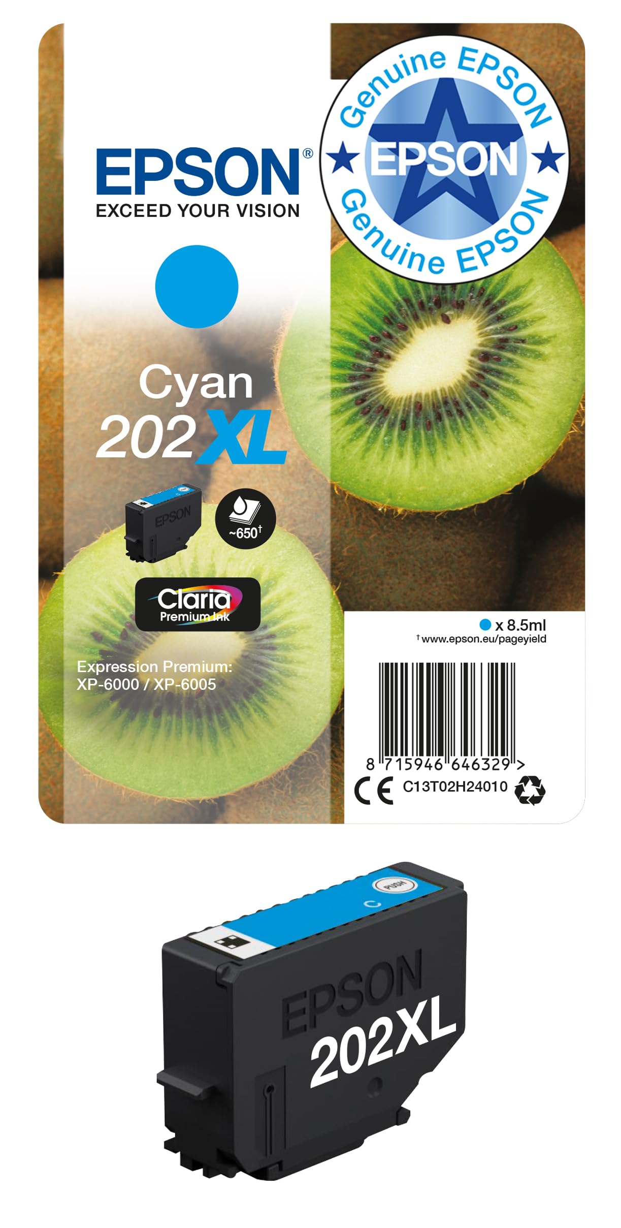 Epson 202XL Cyan Kiwi High Yield Genuine, Claria Premium Ink Cartridge