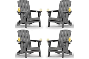 SUUNYN Folding Adirondack Chair 4 Pack, HDPE All-Weather Fire Pit Chairs, Plastic Adirondack Chairs with 2 Cup Holder, Outdoor Lawn Chair for Patio Garden (Grey)