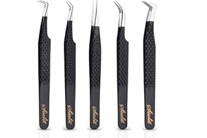 SIALIT Hand Crafted Fiber Tip Lash Tweezers Set - 5 Pcs Stainless Steel Lash Extension Tweezers for Classic and Volume Lashes