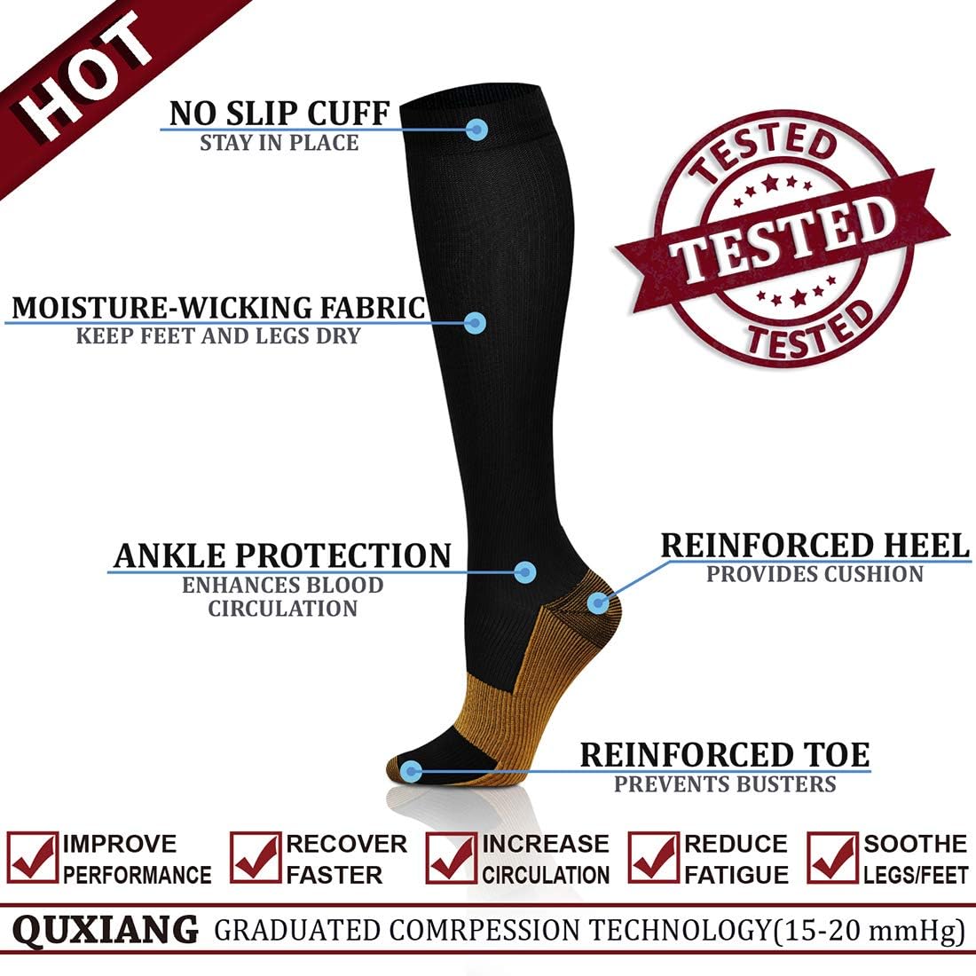 QUXIANG Copper Compression Socks for Women & Men Circulation (8 Pairs) - Best for Running Athletic Cycling - 15-20 mmHg: Clothing