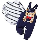 TOKIAGO Baby Boy Clothes Newborn Outfits Fall Winter Striped Romper Infant Cartoon Overall Adjustable Suspender Pants Set