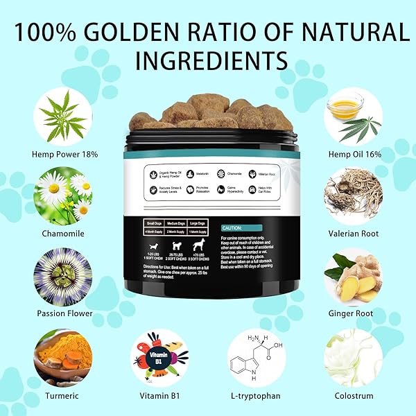 HEMP CALMING CHEWS FOR DOGS, DOG CALMING TREATS ANXIETY RELIEF 100% GOLDEN RATIO OF NATURAL INGREDIENTS TREAT, AID WITH SEPARATION, BARKING, STRESS RELIEF, THUNDERSTORMS