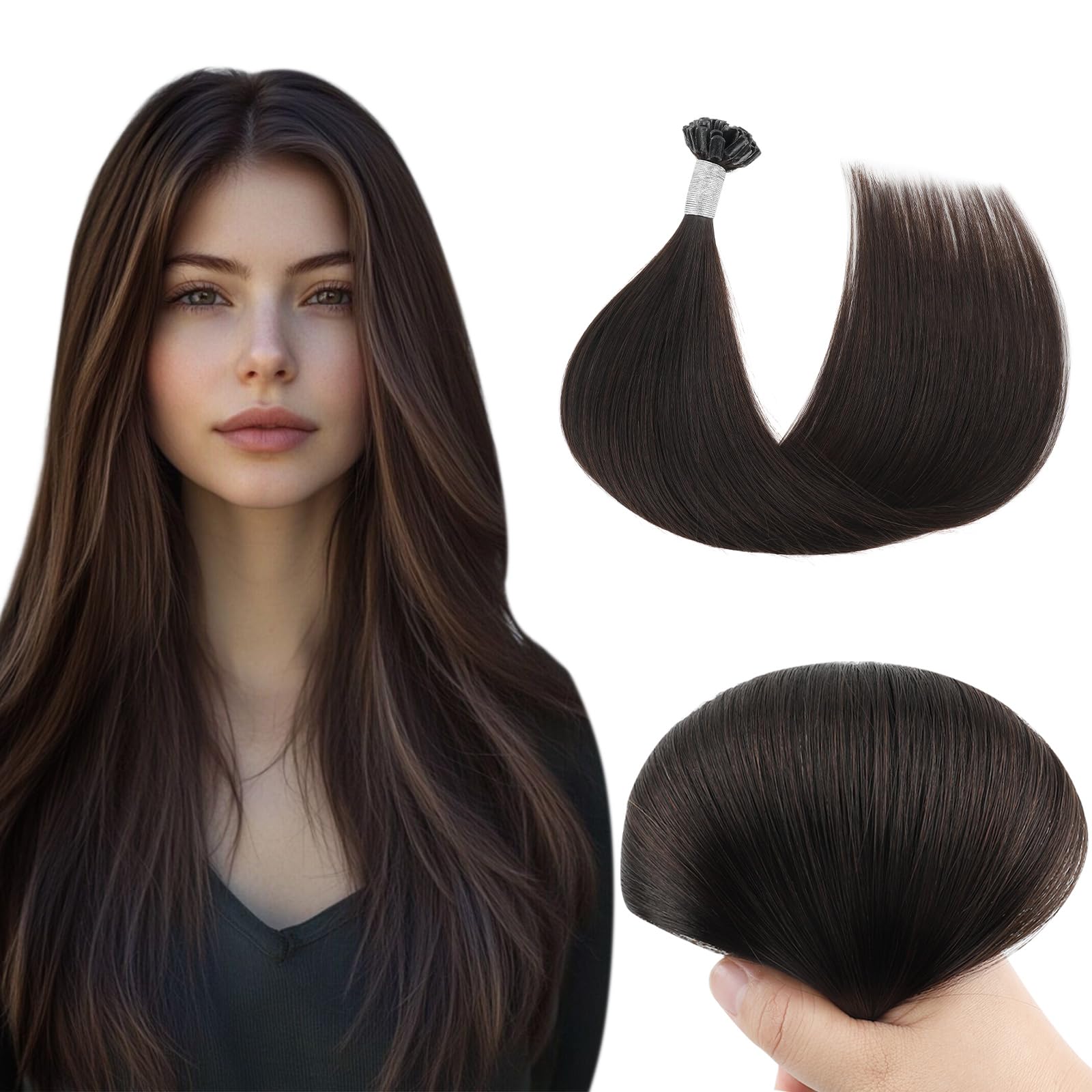 Yuniffe U Tip Hair Extensions Real Human Hair Hot Fusion Remy Straight Hair Extensions Human Hair Nail Tip Keratin Real Extensions Dark Brown 18 inch 50g/50s